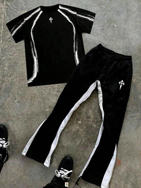 Two-Piece Set Men's Thumb Hole Design Top & Pants Velvet Tracksuit Set, Regular Fit Casual Street Long Sleeve Tee & Trousers, Men's Outfits for Fall & Winter