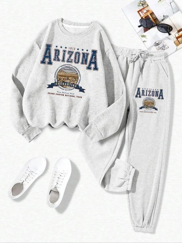 Two-Piece Set Women's Landscape Graphic Sweatshirt & Drawstring Waist Sweatpants, Casual Round Neck Long Sleeve Pullover...
