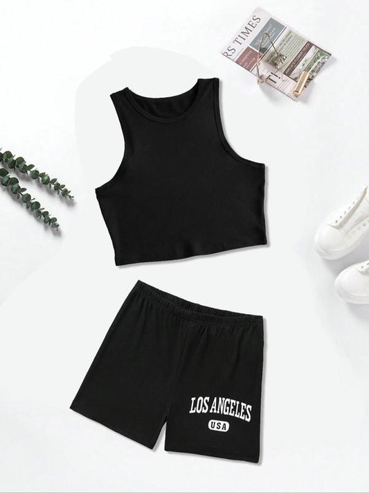 Two-Piece Set Women's Letter Print Crop Tank Top & Elastic Waist Shorts Set, Casual Sleeveless Round Neck Top & Shorts...