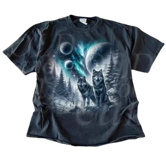 Two Wolf Mystical Snowy Forest Moon Vintage Graphic T-shirts, Vintage Wolf Nature Tshirt, Wolf Lovers, Alpha Wolf Graphic 90s Washed Tee, vintage unisex