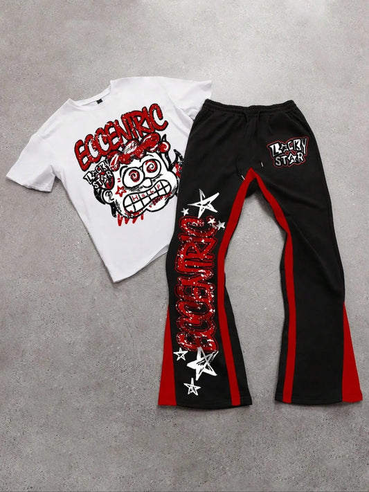 Two-piece Set Men's Figure Graphic Tee & Colorblock Drawstring Waist Flare Leg Sweatpants, Regular Fit Round Neck Short...