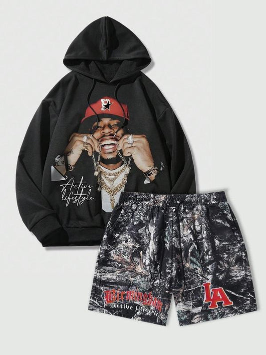 Two-piece Set Men's Letter Print Drop Shoulder Hoodie & Elastic Waist Shorts Set, Fashion Casual Regular Fit Drawstring...