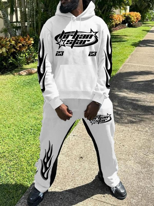 Two-piece Set Men's Letter Print Drop Shoulder Hoodie & Pocket Elastic Waist Sweatpants, Regular Fit Casual Fashion Cozy Breathable Two Piece Outfits for Daily Outdoor Wear, Men Clothes for Fall & Winter