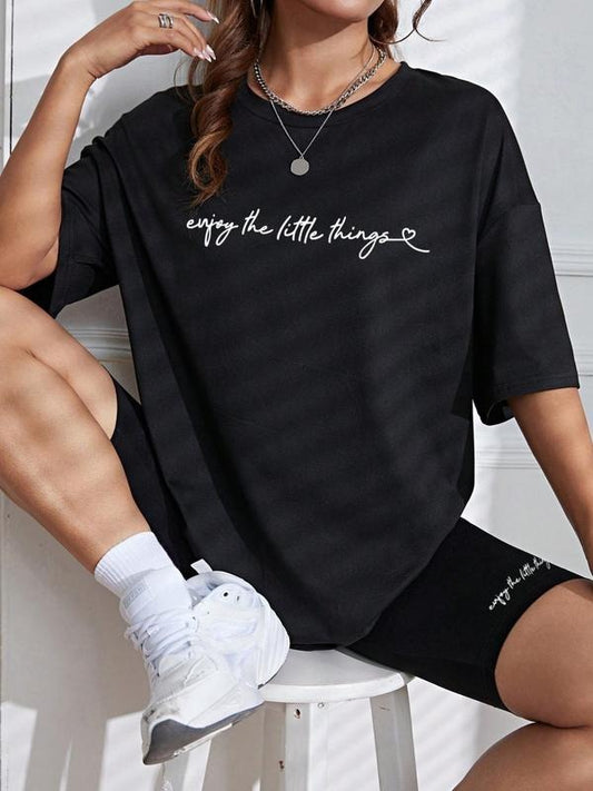 Two-piece Set Women's Slogan Print Drop Shoulder Tee & Shorts Set, Summer Clothes Women, Round Neck Short Sleeve T-shirt & Track Shorts, Casual Summer Clothes for Sports Holiday