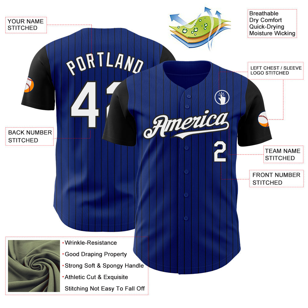 Custom Royal Black Pinstripe White Authentic Two Tone Baseball Jersey