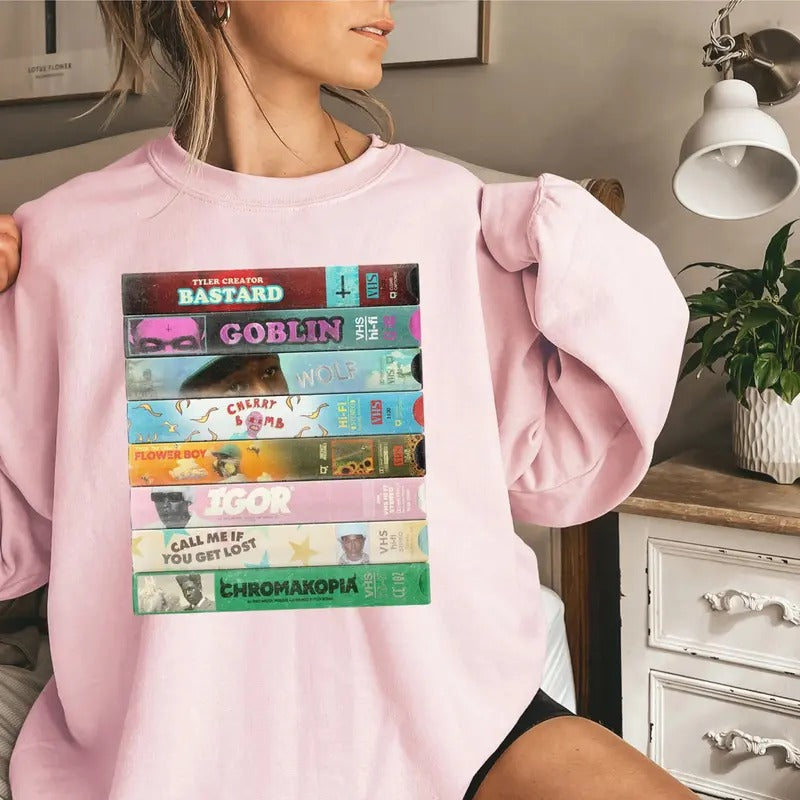 Tylerr VHS Discography Tee, Vintage Hip Hop Apparel, Rap Fans Tee, Concert Outfit, Unisex Sweater Pullover Tee