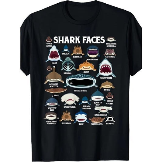 Types Of Sharks Faces Identification Birthday School Kid Men T-Shirt Made in USA