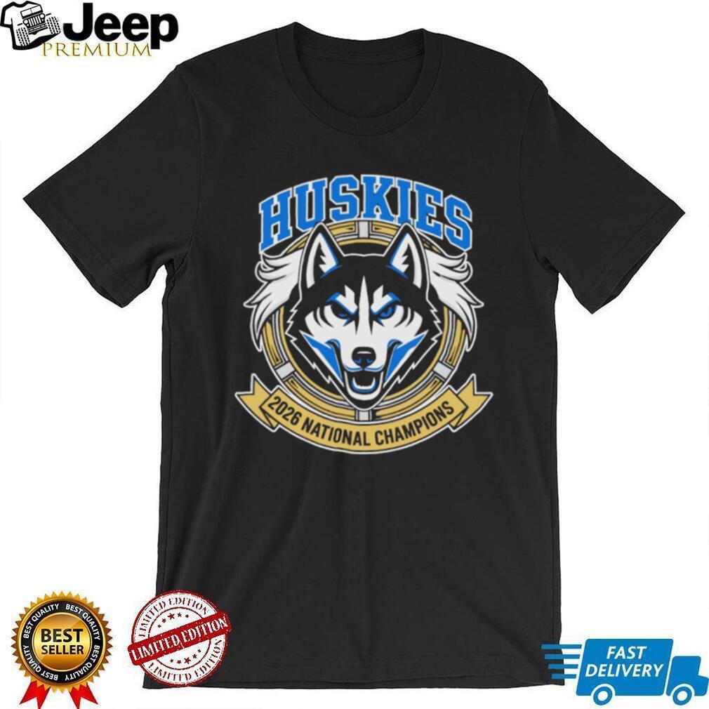 UConn Huskies 2026 National Champions Gold Ribbon Mascot Black T Shirt