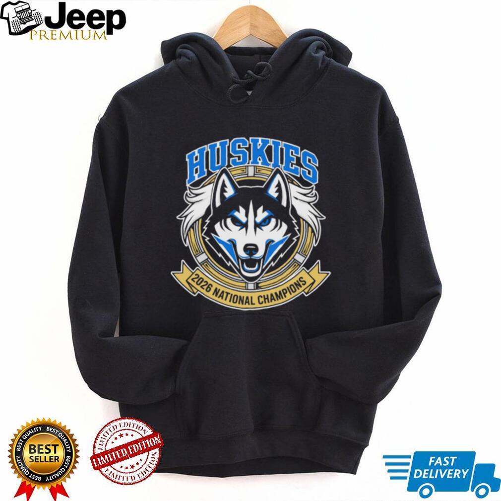 UConn Huskies 2026 National Champions Gold Ribbon Mascot Black T Shirt