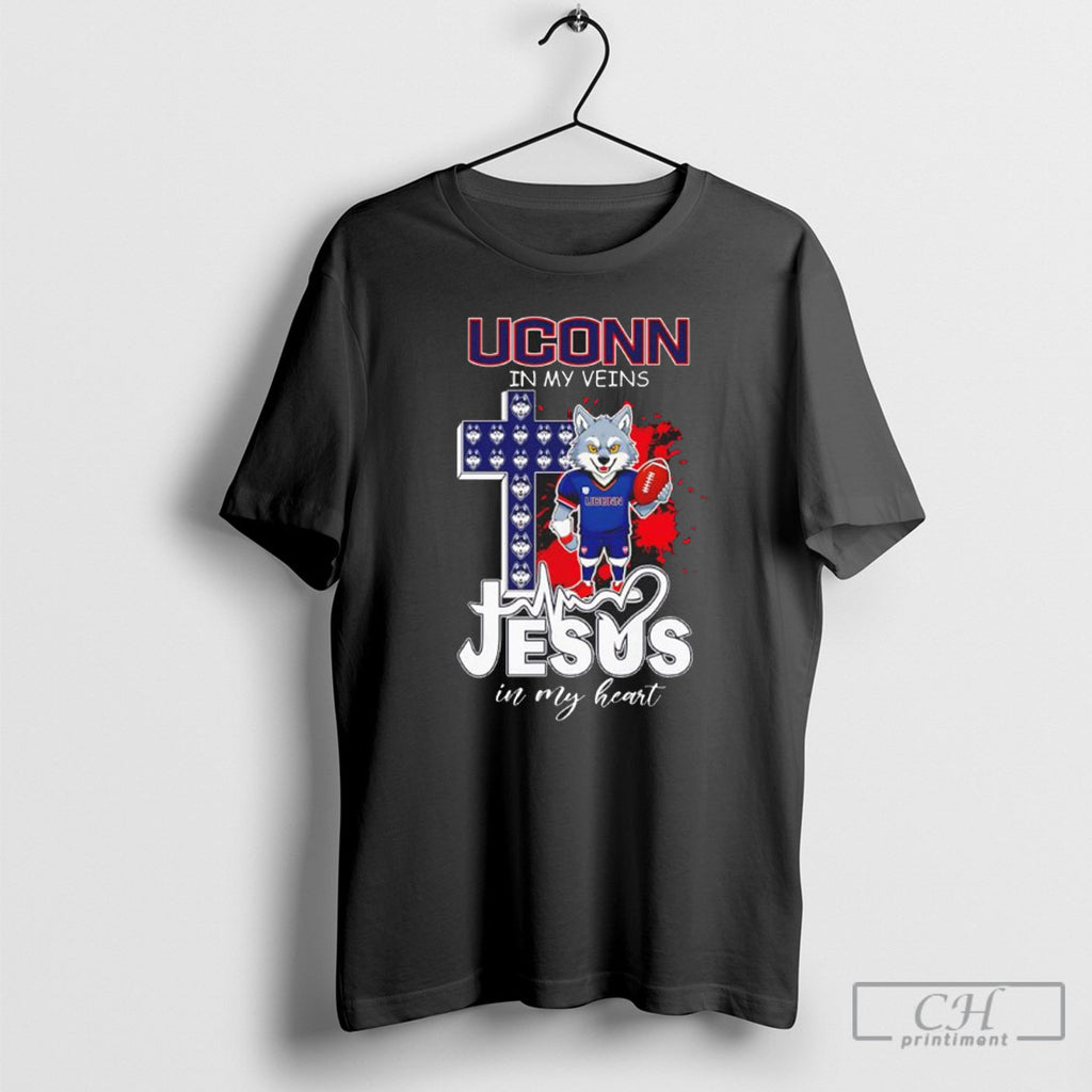 Uconn Huskies In My Veins And Jesus In My Heart Christian Football Lover Mascot