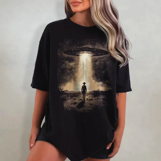 UFO Cowboy Shirt - Retro Western Washed T-Shirt, Vintage Rodeo Graphic Tee, Oversized Cowboy T Shirt, Wild West Tshirt, Cowgirl Top