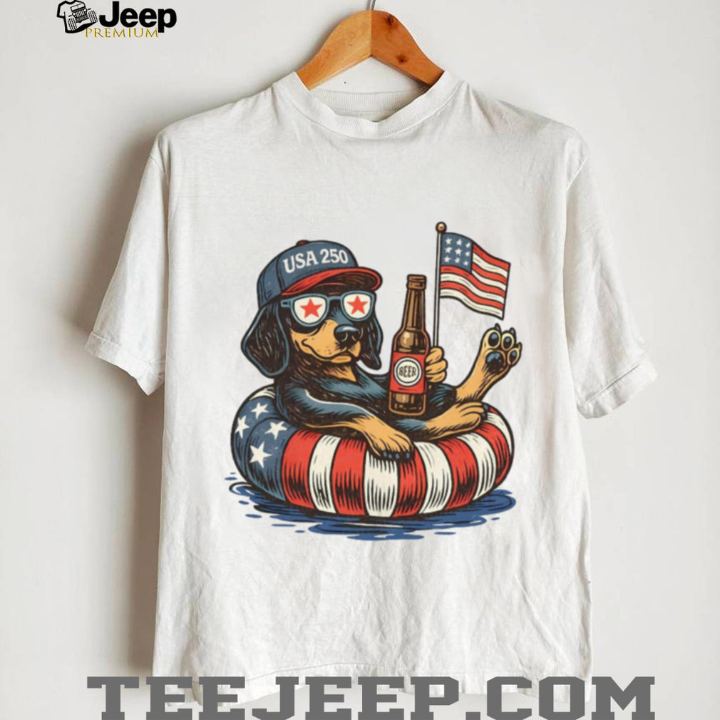 USA 250 Patriotic Dog Floating with Beer American Flag Sunglasses T Shirt
