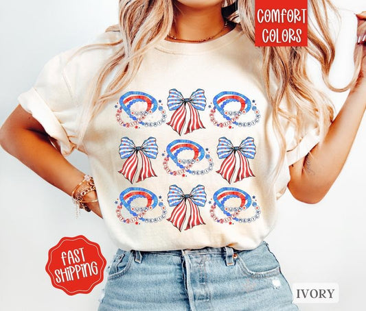 USA Bow Shirt Comfort Colors, USA Friendship Bracelet Tee, America Shirt for July 4th, Memorial Day Shirt, USA Shirt, Election Shirt, Patriotic Bow Shirt
