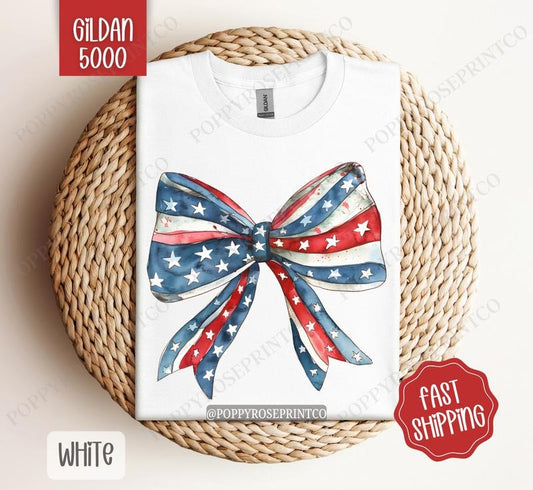 USA Bow Shirt Gildan Tshirt, America Bow Shirt for July 4th, Memorial Day Shirt, USA Shirt, Election Shirt, Patriotic Bow Shirt Cotton Fabric