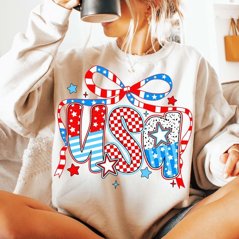 USA Coquette Sweatshirt 4th of July Red White Blue Stars Bow Retro Girl Shirt Patriotic USA Crewneck 100% Cotton