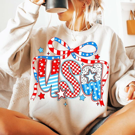 USA Coquette Sweatshirt 4th of July Red White Blue Stars Bow Retro Girl Shirt Patriotic USA Crewneck 100% Cotton