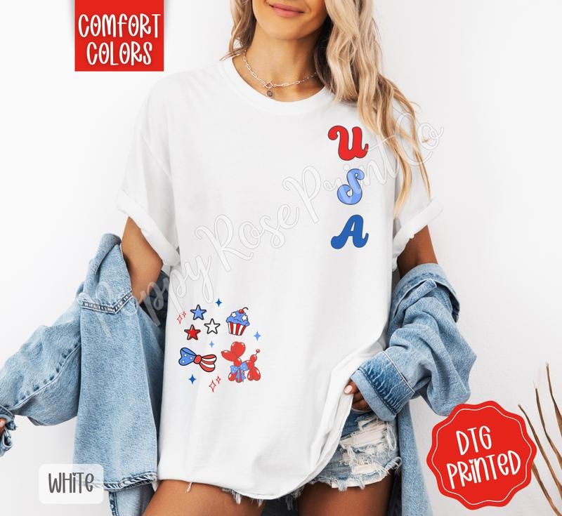 USA Doodle Shirt Comfort Colors, America Tshirt for July 4th, Women's Graphic Tee