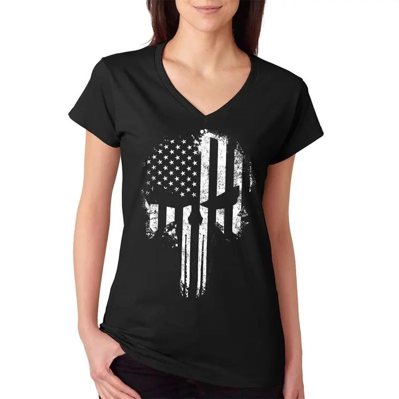 USA Flag B&W Skull Women's V-Neck T-Shirt