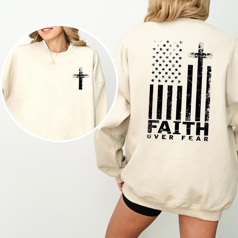 USA Flag Patriotic American Faith Over Fear Prayer Sweatshirt, Christian Inspirational Hoodie, Unisex Casual Wear