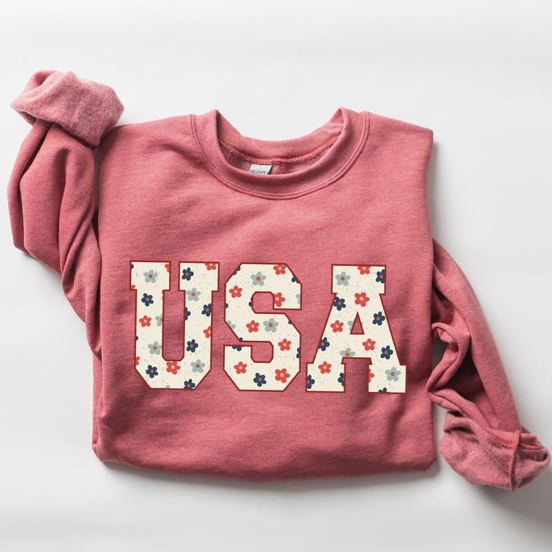 USA Flowers, Minimalist, Patriotic, America, 4th of July Sweatshirt, Crew Neck, Women's, Crewneck T-Shirts, Hoodie