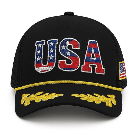 USA Hat Adjustable Snapback Cap with American Flag Embroidery & BLACK AND GOLD