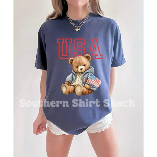 USA Teddy Bear t shirt  | Denim comfort colors t shirt | 4th of July T shirt