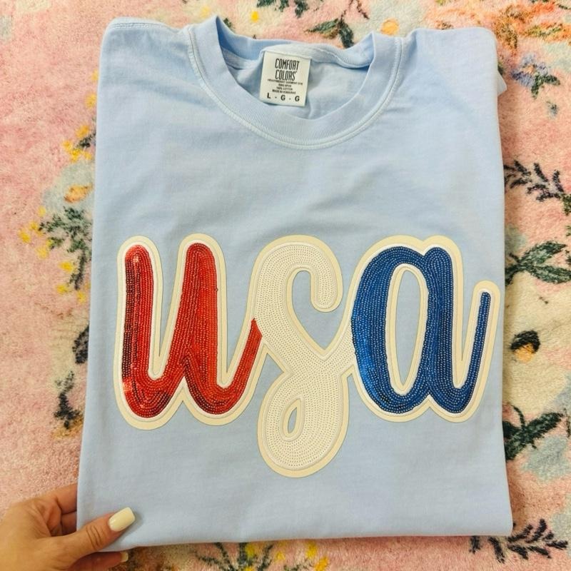USA sequin patch T shirt  | light blue comfort colors t shirt | 4th of July patriotic graphic tee