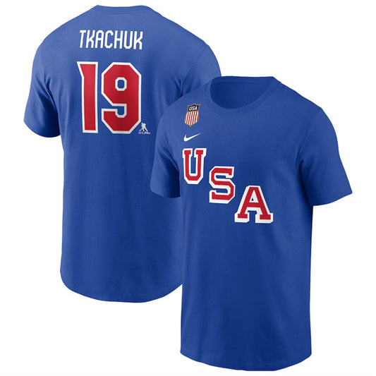 US Hockey #19 Matthew Tkachuk Royal 2026 Name & Number T-Shirt