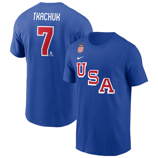 US Hockey #7 Brady Tkachuk Royal 2026 Name & Number T-Shirt