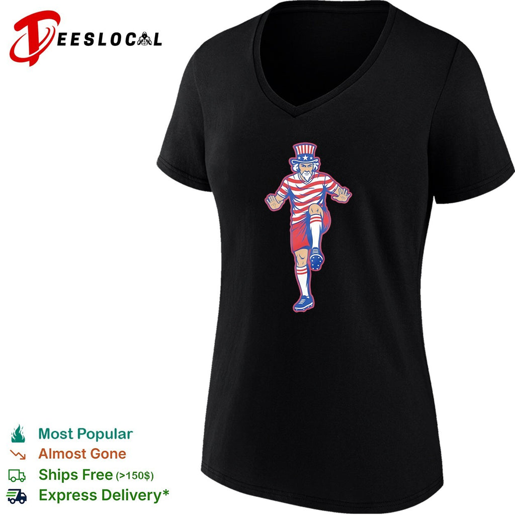 Uncle Sam raising leg to kick soccer ball USA flag shirt
