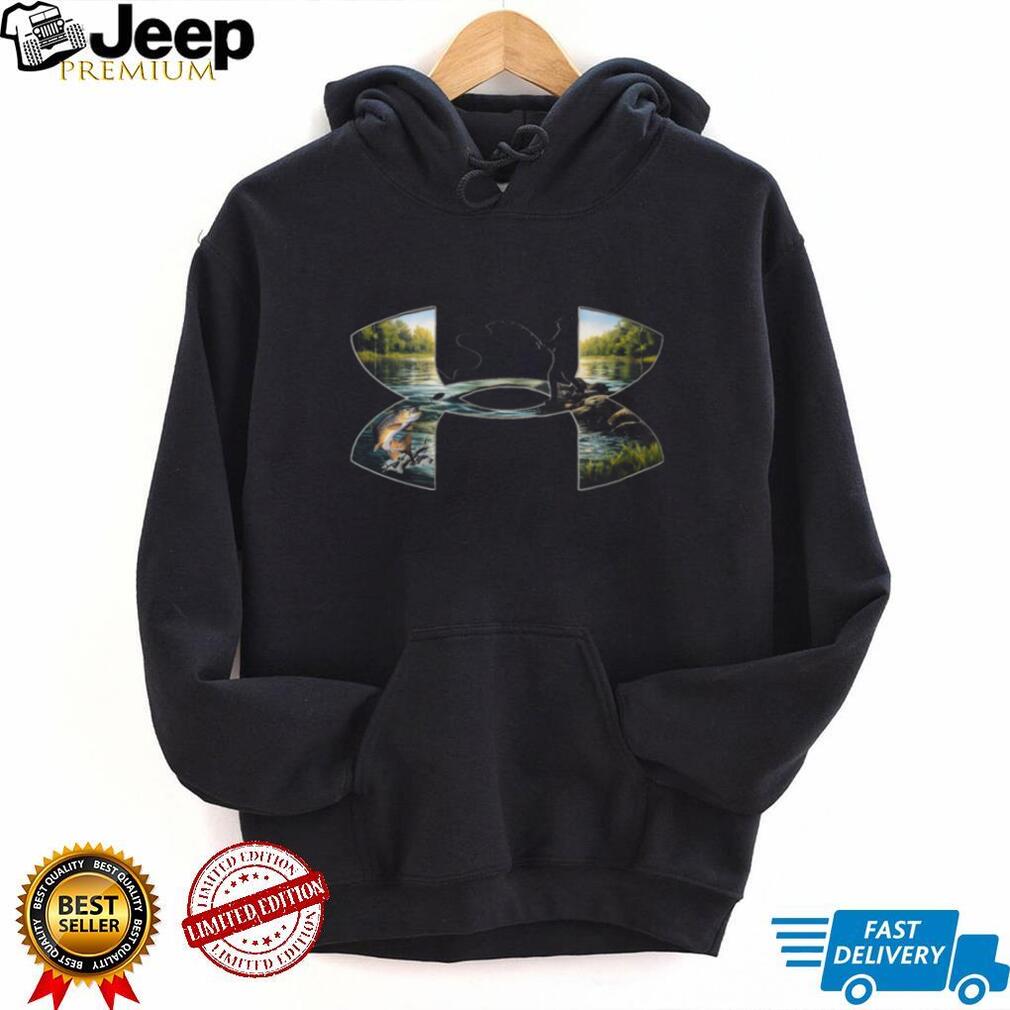 Under Armour Style Fishing T Shirt Fisherman Scene and Jumping Trout Design