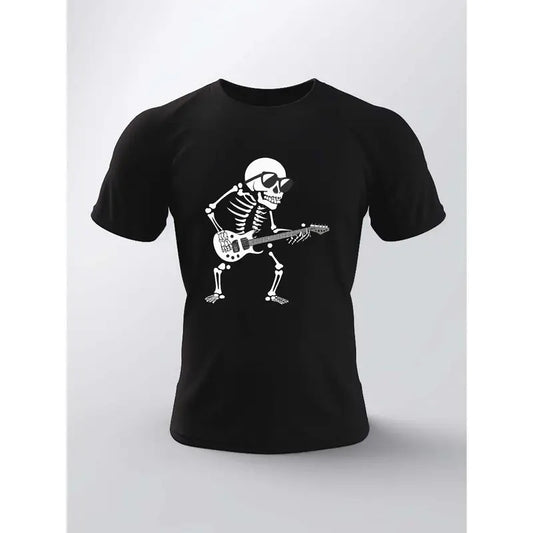 Unique Skeleton Playing Guitar Design Short Sleeve Casual T-Shirt for Men, Summer Tees Made in USA