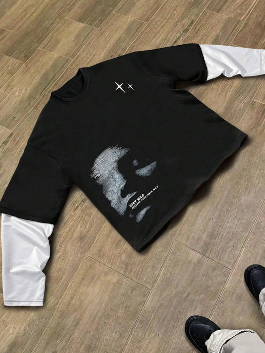 Unisex Colorblock Street Style Graphic Print 2 in 1 Double Layer Long Sleeve Tee, Regular Fit Casual Comfy Street Fashion...