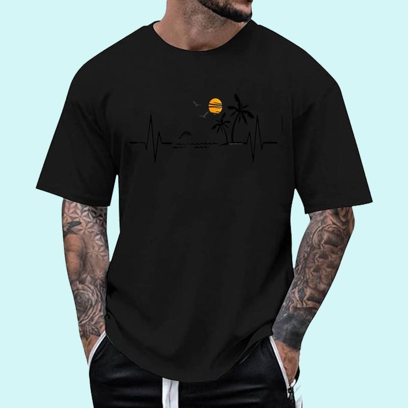 [Unisex Cotton Shirt] Heartbeat with Tropical Palm Trees Beach Island and Dolphin T-Shirt