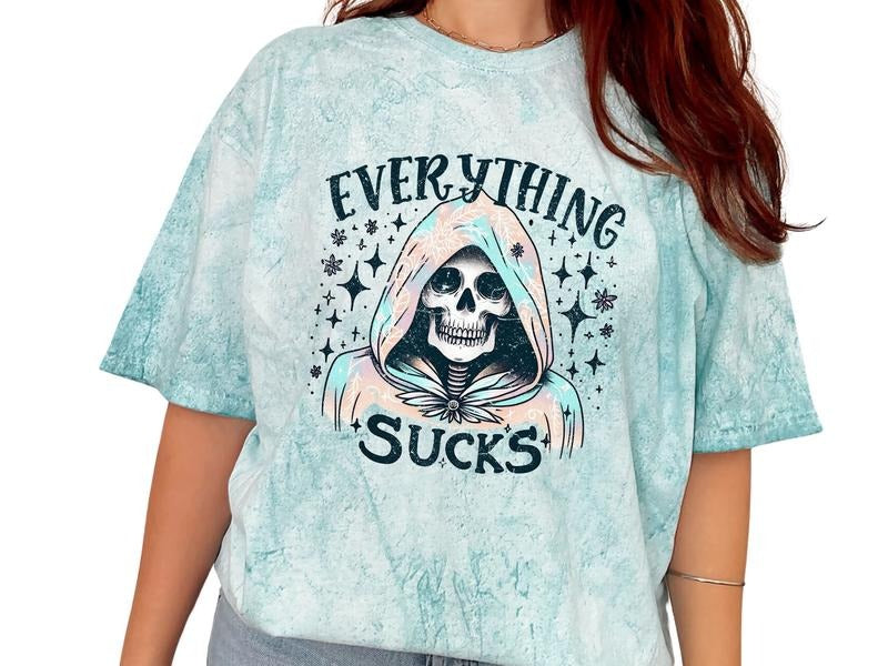 Unisex Everything Sucks with Skeleton Graphic T-Shirt, Skulls and Skeleton Vintage-Inspired Shirt
