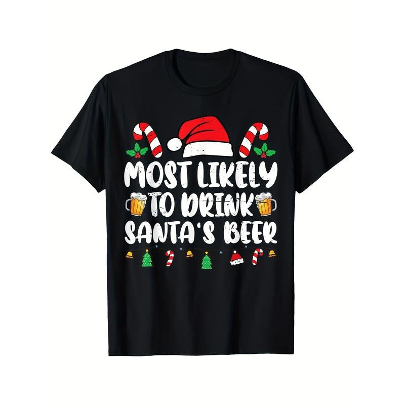 Unisex Funny Christmas T-shirt - Most Likely To Drink Santa's Beer, Soft & Breathable Short Sleeve Tee, Black, Comfortable Daily Wear for Men Made in USA