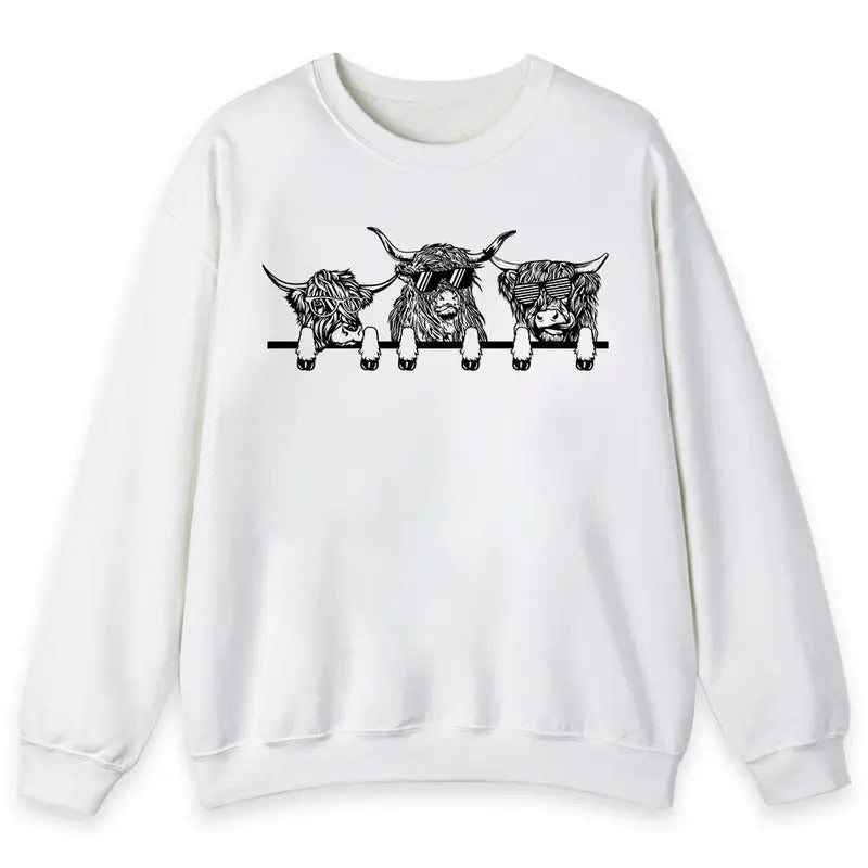 Unisex Funny Highland Cow With Glasses Sketch  T-Shirt  , Sweatshirt  and Hoodie