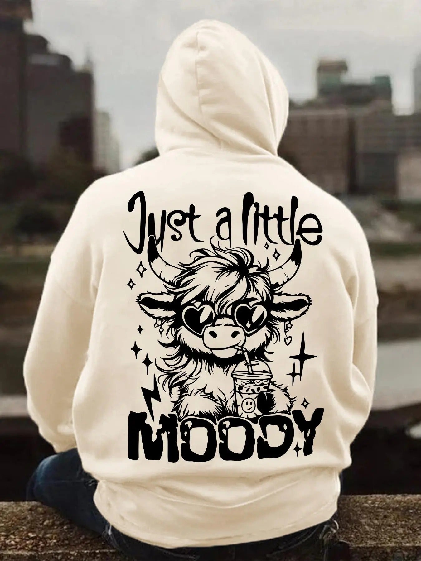 Unisex Highland Cow & Letter Print Hoodie, Casual Regular Fit Long Sleeve Graphic Hooded Sweatshirt for Spring & Fall, Fashion Unisex Top for Daily Wear