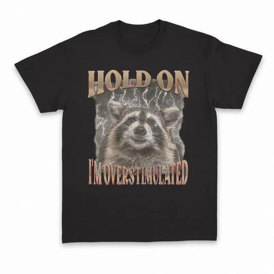 Unisex Hold On I'm Overstimulated Vintage Shirt, Retro Raccoon Bootleg Shirt