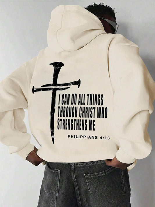 Unisex Men's Cross & Letter Print Drop Shoulder Hoodie, Fashion Casual Regular Fit Drawstring Pocket Hooded Sweatshirt for Daily Holiday Outdoor Wear, Men Clothes for Fall & Winter