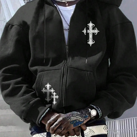 Unisex Men's Cross Print Drop Shoulder Hoodie, Fashion Casual Regular Fit Drawstring Pocket Zipper Hooded Sweatshirt for Daily Holiday Outdoor Wear, Casual Long-Sleeve Top for All Seasons