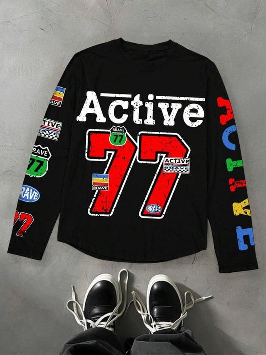 Unisex Men's Letter & Number Print Long Sleeve Tee, Regular Fit Casual Street Round Neck T-shirt for Daily Wear, Unisex Top for All Seasons
