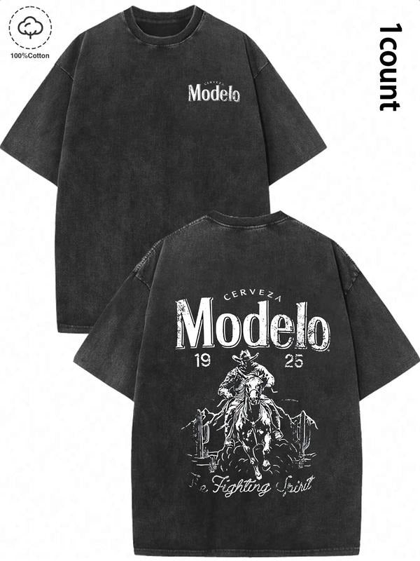 Unisex's 100% Cotton Washed Distressed Modelo Cowboy Tee, Regular Fit Street Fashion Casual Comfy Short Sleeve Crewneck T-shirt for Daily Wear, Western Clothing, All-match Top for Summer, Streetwear
