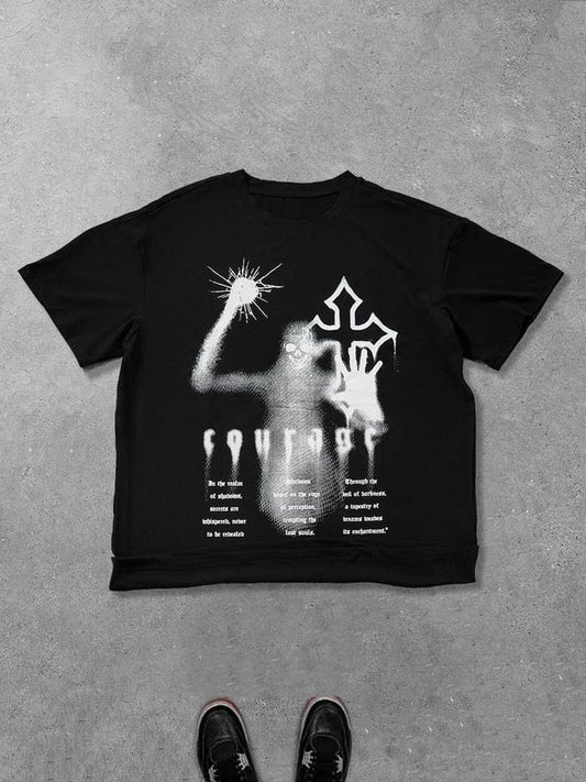 Unisex's Cross & Star Print Round Neck Graphic Tee, Casual Comfy Short Sleeve T-shirt for Daily Wear, Unisex Top for Summer, Women