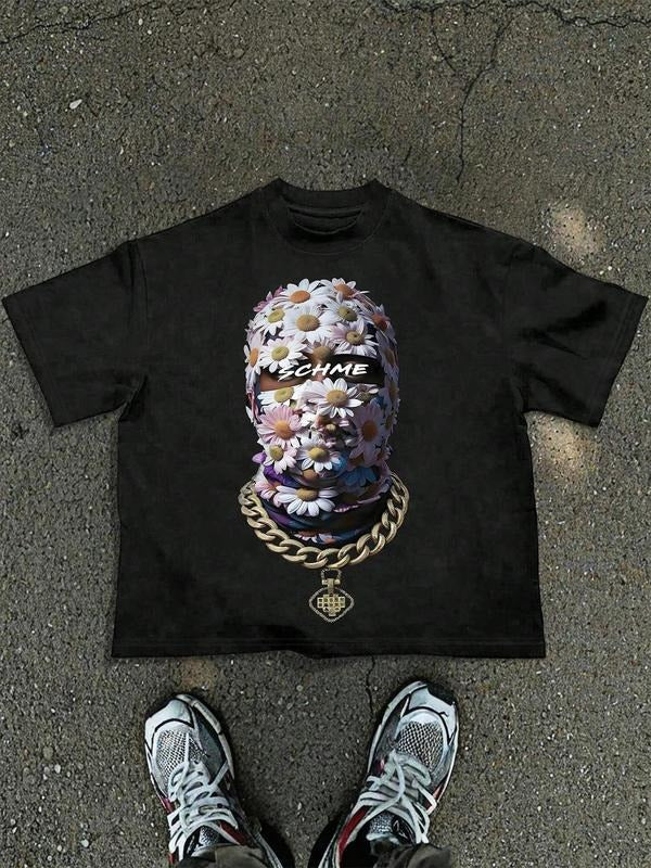 Unisex's Hip Hop Daisy Print Short Sleeve Graphic Tee, Regular Fit Casual Chain Print Crew Neck T-shirt for Summer, Fashion Men's Top for Daily Wear