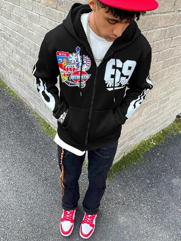 Unisex's Letter Print Drop Shoulder Zip Up Hoodie, Fashion Casual Regular Fit Drawstring Pocket Hooded Sweatshirt for Daily Holiday Outdoor Wear, Unisex Clothes for Spring & Fall