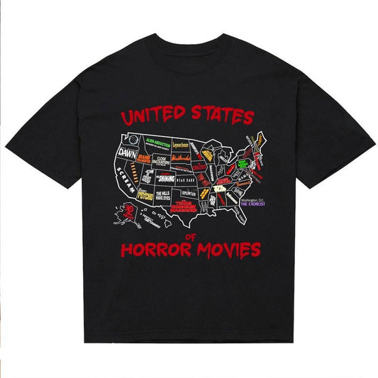 United States Of Horror Movies Halloween Shirt, Halloween Map Shirt, Funny Halloween Movie Merch, Hallween Characters Shirt, Unisex Cotton Sweatshirt, Hoodie, Halloween Gift