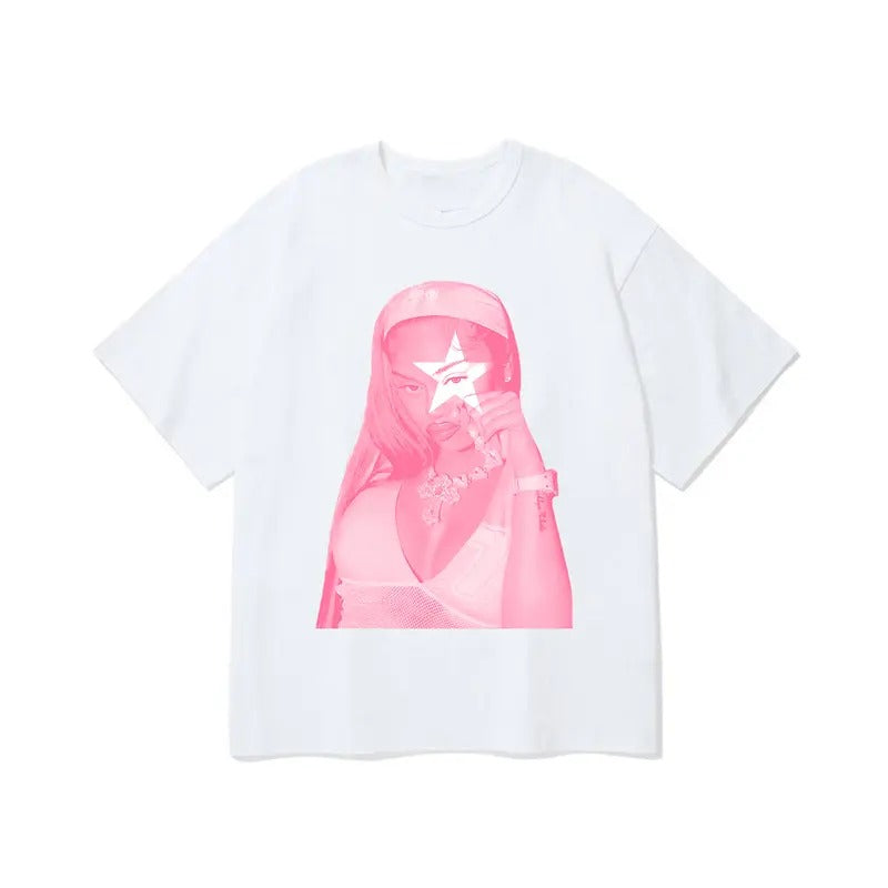 Urban Pink Flair Tee Featuring Iconic Rap Icon Face Graphic for Fearless Fashionistas