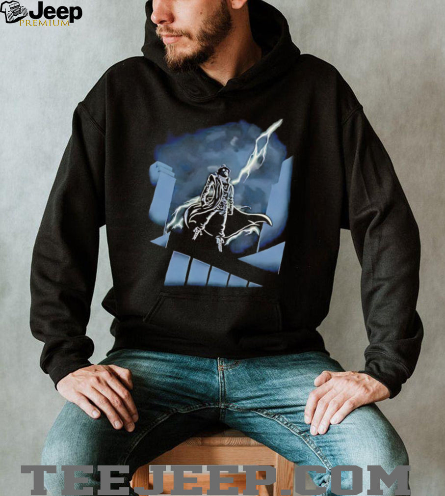 Urban Vigilante Silhouette Lightning Strike Art Black T Shirt