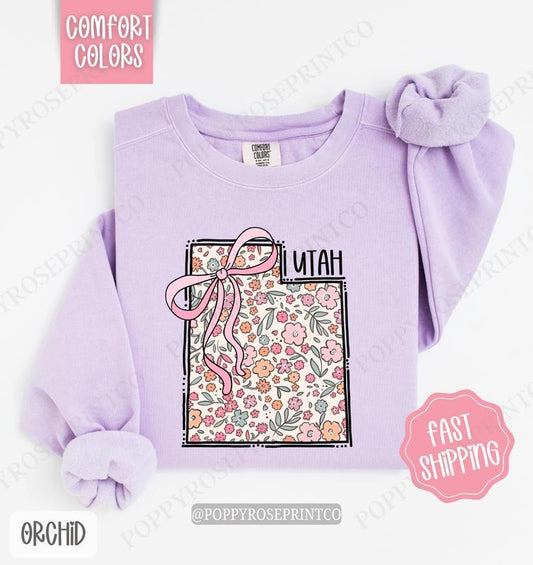 Utah Floral Bow Comfort Colors Sweatshirt, Cute Trendy State Coquette Pullover